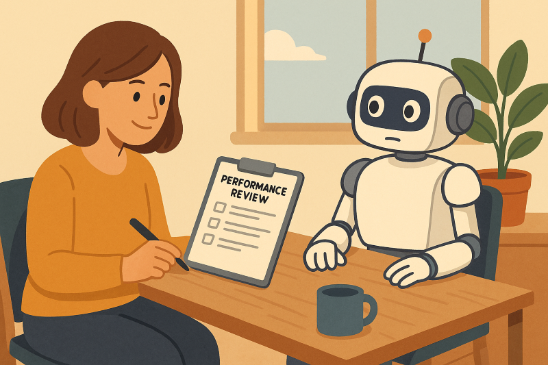 cartoon ai robot and person with survey